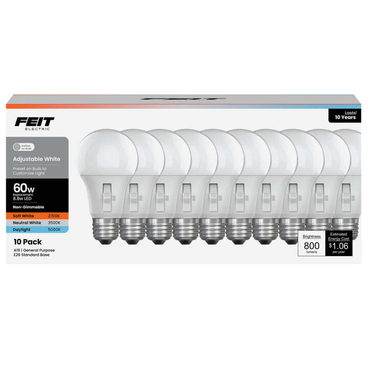 Feit Electric 8.8W 800 Lumens E26 A19 Adjustable LED Light Bulb White 10 Pieces