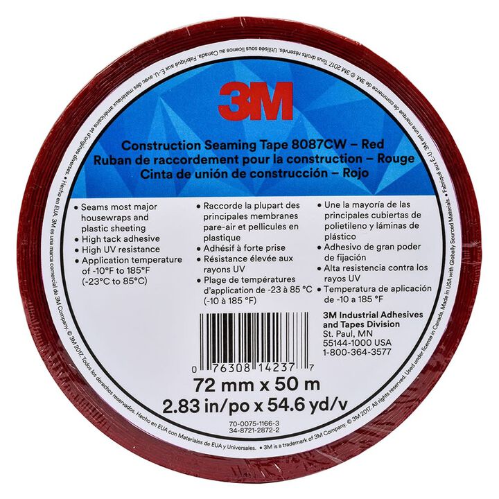 3M 50 m x 2.83 Inch x 3 Mil Construction Seaming Tape, Red