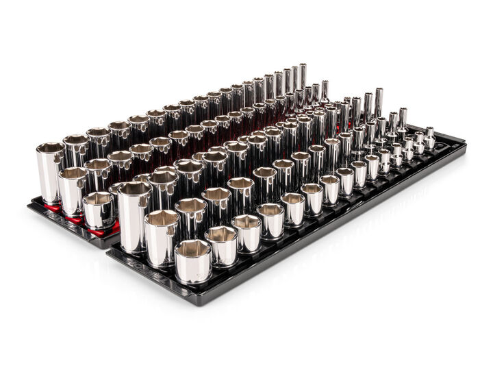 Tekton 3/8 Inch Shallow, Semi-Deep, and Deep 6 Point Sockets, Rails, 102 Pieces