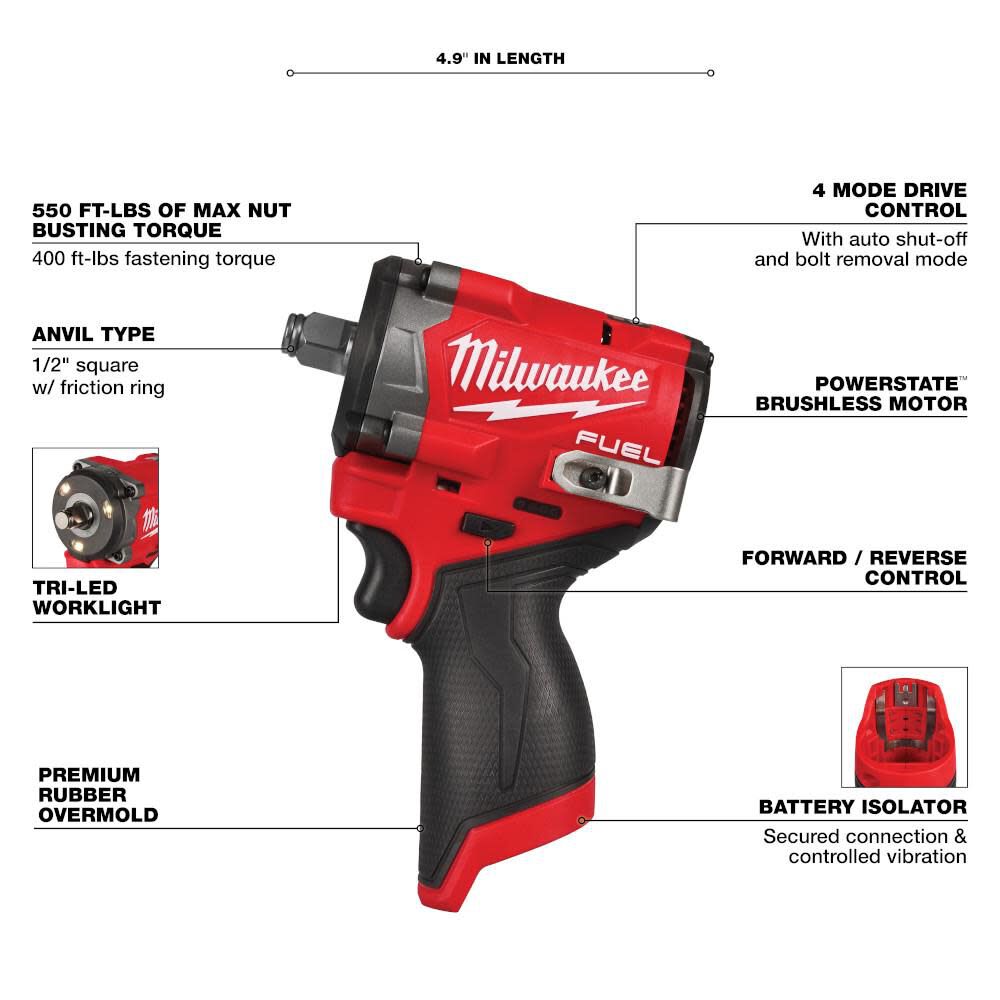 Milwaukee M12 FUEL Stubby 1/2" Impact Wrench (Bare Tool) with Protective Boot, large image number 3