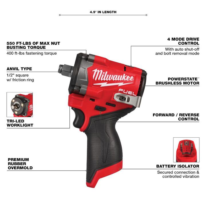 Milwaukee M12 FUEL Stubby 1/2" Impact Wrench (Bare Tool) with Protective Boot, large image number 2