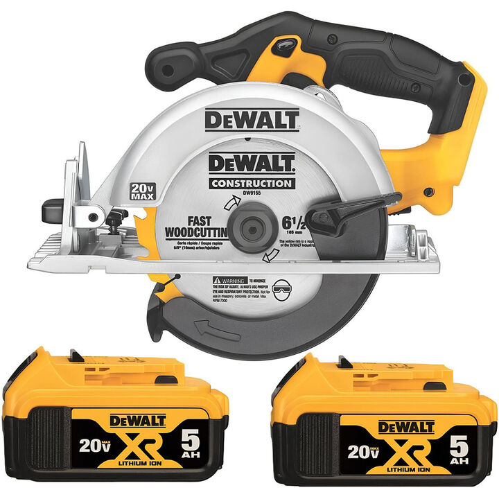 DEWALT 20V Max 6-1/2 Inch Cordless Circular Saw & 20V Max XR 5Ah Battery 2 Pack Bundle