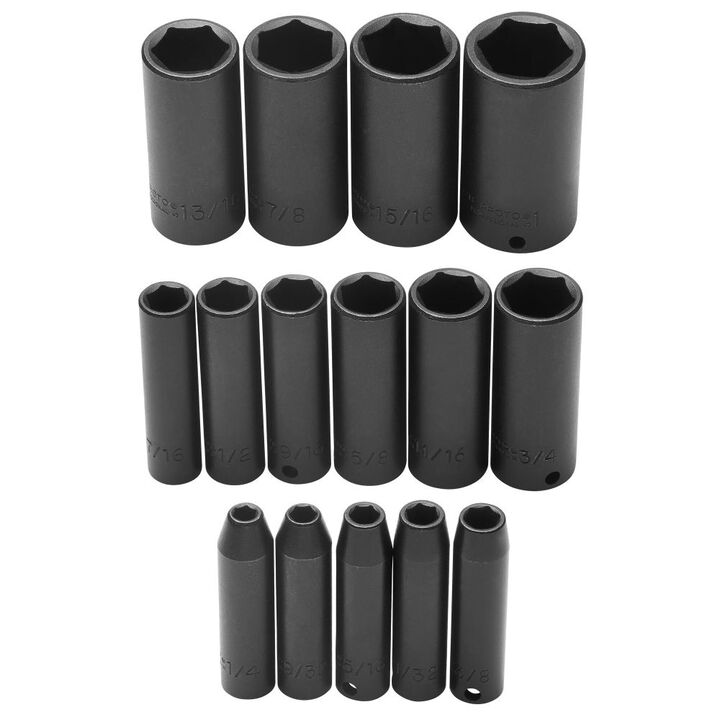 Proto 3/8 in Drive 15 Piece Deep Impact Socket Set 6 Point