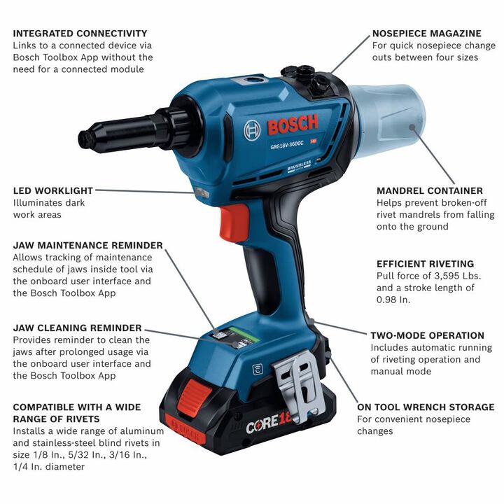 Bosch 18V Connected Rivet Tool Kit with 2ct CORE18V 4Ah Advanced Power Batteries, large image number 1