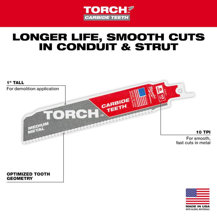 Milwaukee 6 Inch 10TPI TORCH Carbide Teeth Metal Cutting Reciprocating Saw Blade 5pk, large image number 4