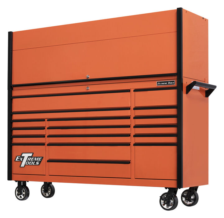 Extreme Tools DX Series 72 Inch W x 21 Inch D Extreme Power Workstation Hutch and 17 Drawer Roller Cabinet Combo Orange with Black Drawer Pulls