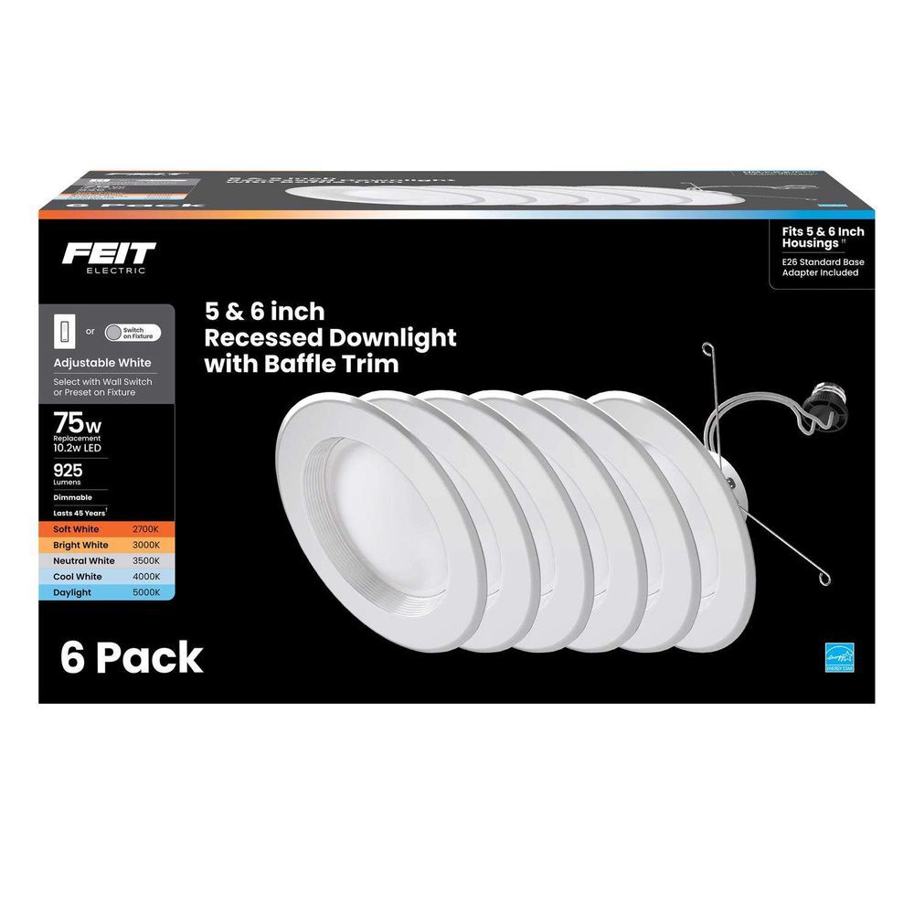 Feit Electric 5/6 Inch 75W 925 Lumens Recessed LED Downlight White 6 Pieces, large image number 1