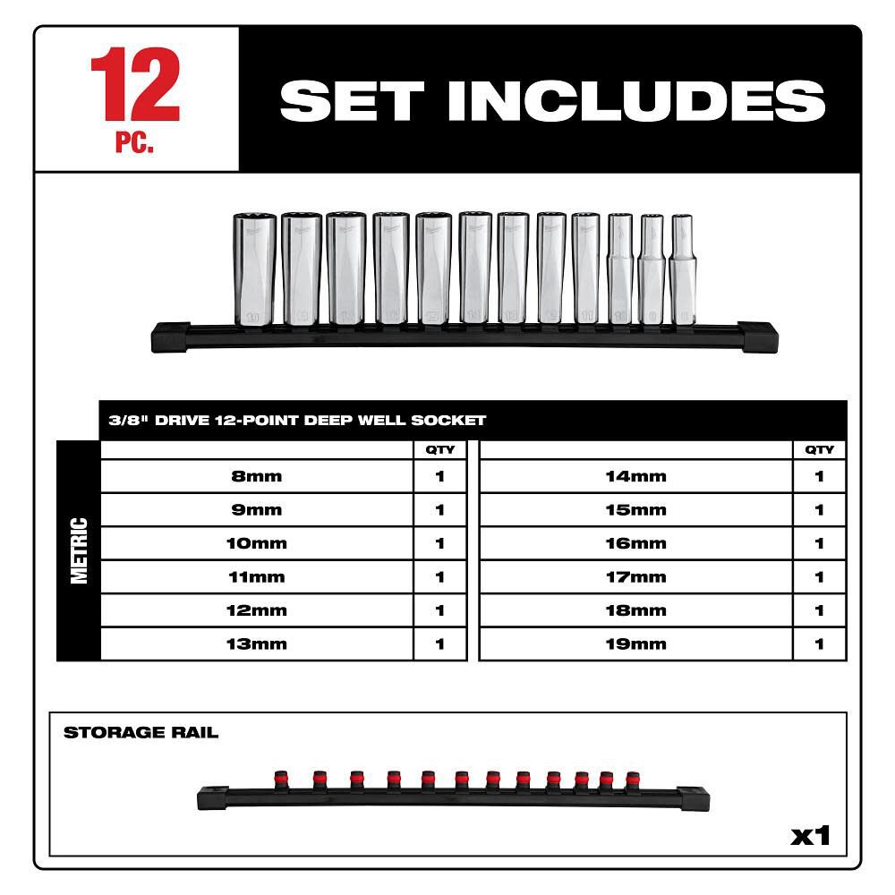 Milwaukee 3/8 Inch Drive 12-Point Deep Well Metric Socket Set, 12 Pieces, large image number 2