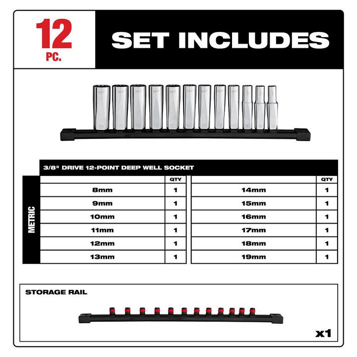 Milwaukee 3/8 Inch Drive 12-Point Deep Well Metric Socket Set, 12 Pieces, large image number 1