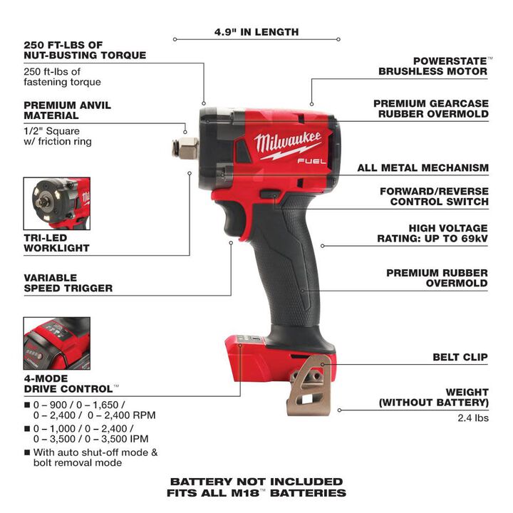 Milwaukee M18 FUEL 1/2 Compact Impact Wrench with Friction Ring Reconditioned (Bare Tool), large image number 6