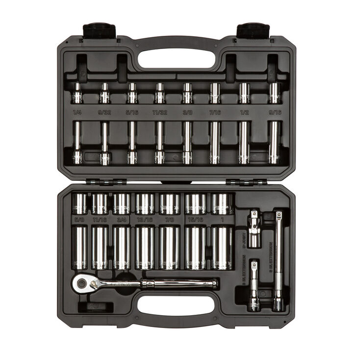 Tekton 3/8 Inch 6 Point Socket and Ratchet Set Case, 34 Pieces (1/4-1 Inch)