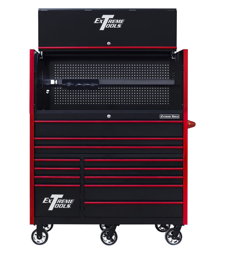Extreme Tools RX Series 55 Inch W x 25 Inch D Professional Extreme Power Workstation Hutch & 12 Drawer Roller Cabinet 150 lbs Slides Combo Black with Red Drawer Pulls