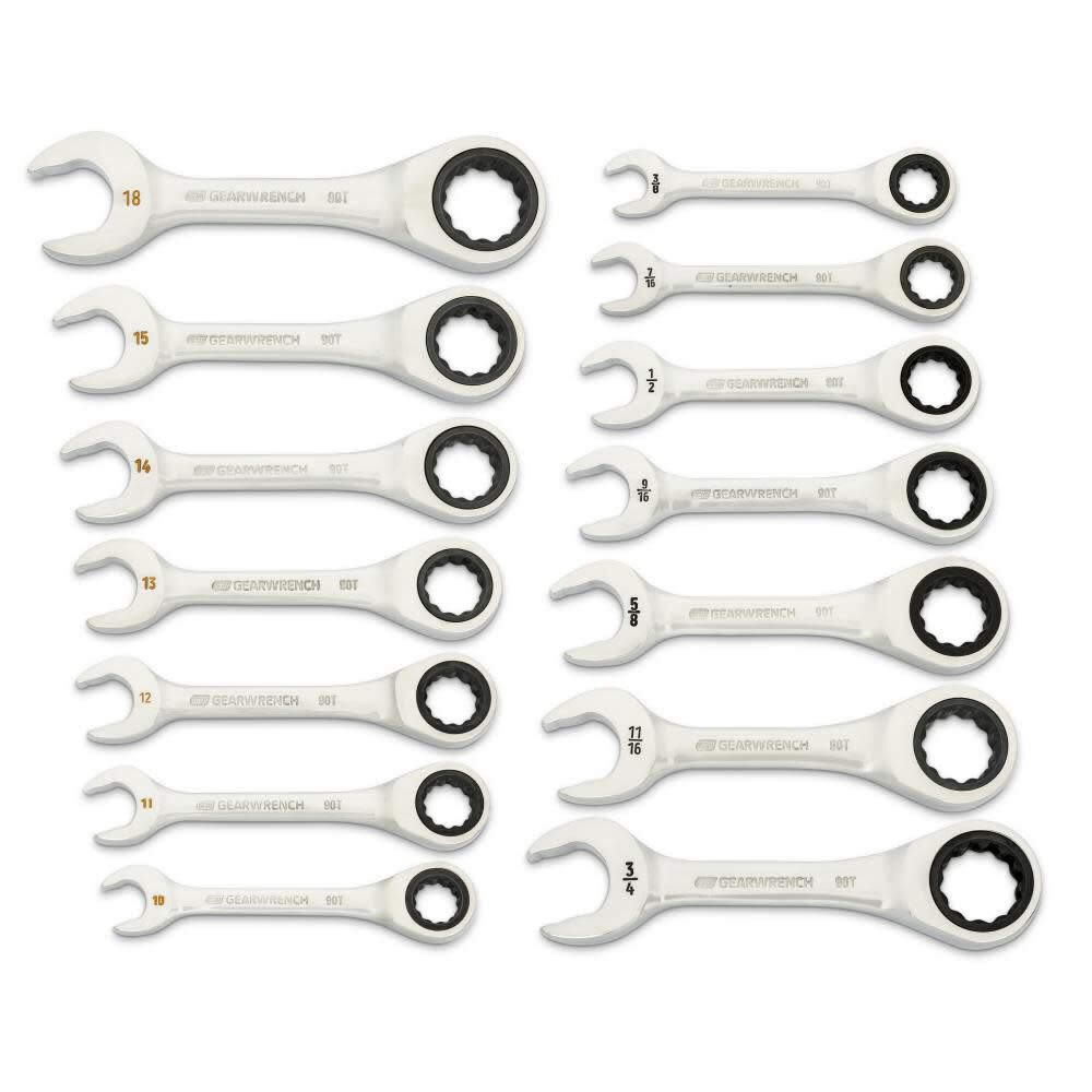 GEARWRENCH 90-Tooth 12 Point SAE/Metric Stubby Ratcheting Combination Wrench Set 14pc, large image number 1