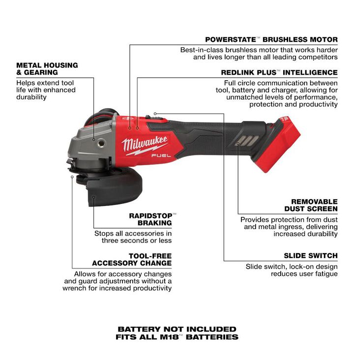 Milwaukee M18 FUEL 4 1/2inch / 5inch Braking Grinder Slide Switch Lock On Variable Speed Reconditioned (Bare Tool), large image number 5