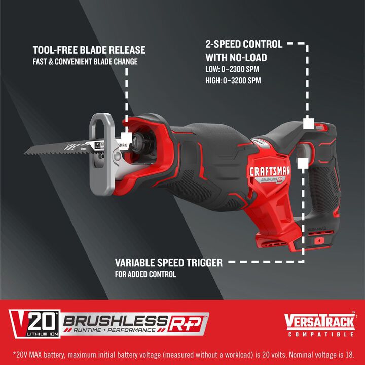 CRAFTSMAN V20 BRUSHLESS RP Cordless Reciprocating Saw (Bare Tool), large image number 5