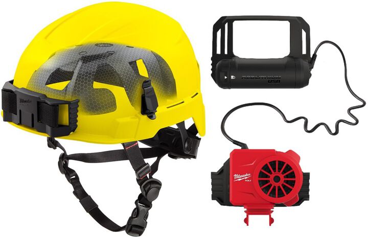 Milwaukee BOLT Yellow Safety Helmet with IMPACT ARMOR Liner Type 2 Class E & USB Cooling Fan Bundle