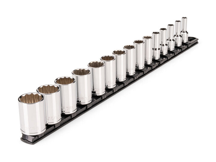 Tekton 3/8 Inch Semi-Deep 12-Point Sockets, Rail, 1/4-1 Inch, 15 Pieces