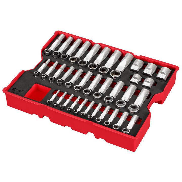 Milwaukee 1/4 Inch, 3/8 Inch, & 1/2 Inch Drive SAE Socket Set with Tray for PACKOUT Drawers 65 Pieces