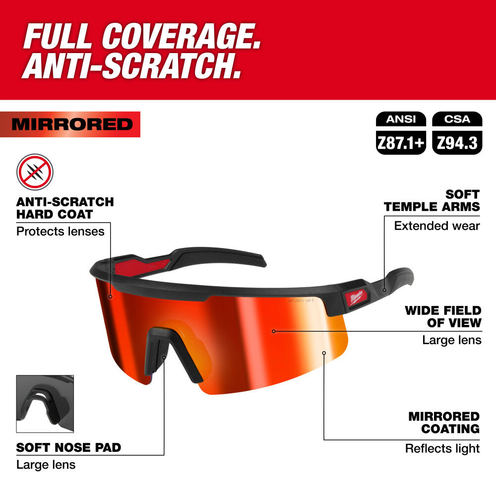 Milwaukee Wrap Around Safety Glasses Red Mirrored Anti-Scratch Lenses, large image number 2