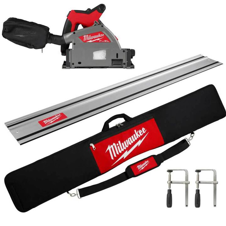 Milwaukee M18 FUEL 6 1/2 Inch Plunge Track Saw (Bare Tool) with 55inch Guide Rail with Clamps & Bag Bundle