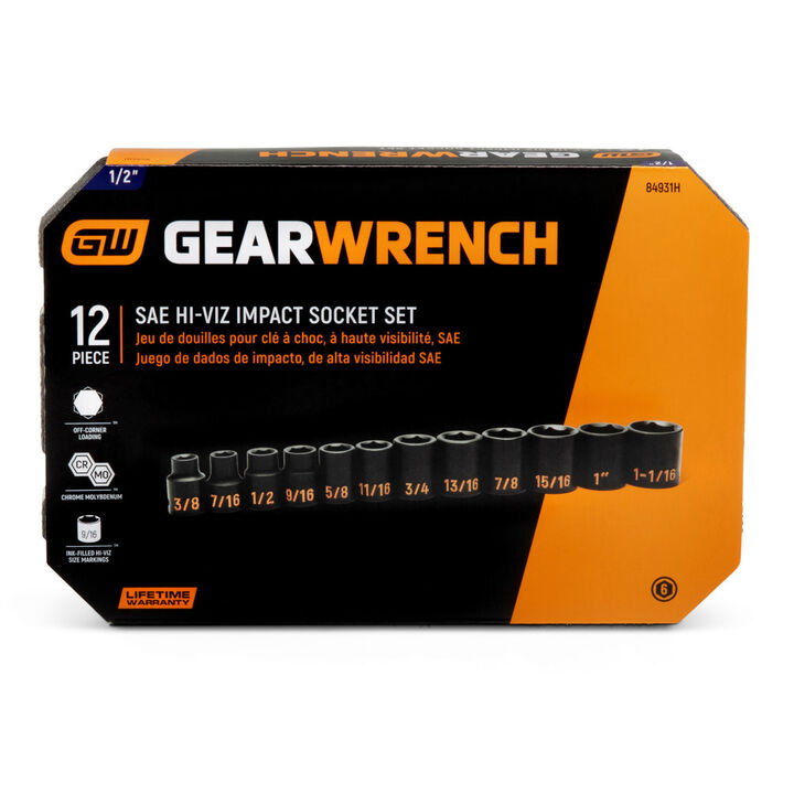 GEARWRENCH 1/2 Inch Drive 6 Point SAE Hi-Viz Impact Socket Set 12 Pieces, large image number 3