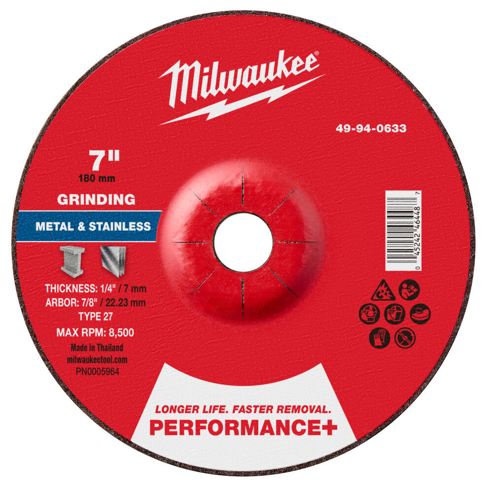 Milwaukee 7 Inch x 1/4 Inch x 7/8 Inch Performance+ Metal Grinding Wheel Type 27, large image number 1