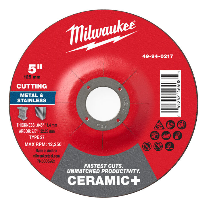 Milwaukee 5 Inch x .045 Inch x 7/8 Inch Ceramic+ Metal Cut Off Wheel Type 27