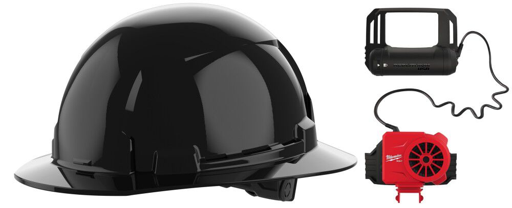 Milwaukee BOLT Black Full Brim Hard Hat with 6pt Ratcheting Suspension Type 1 Class E & USB Cooling Fan Bundle, large image number 1