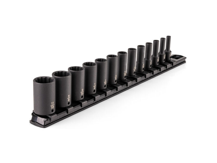 Tekton 1/4 Inch Semi-Deep 12 Point Impact Sockets, Rail, 5/32-11/16 Inch, 13 Pieces