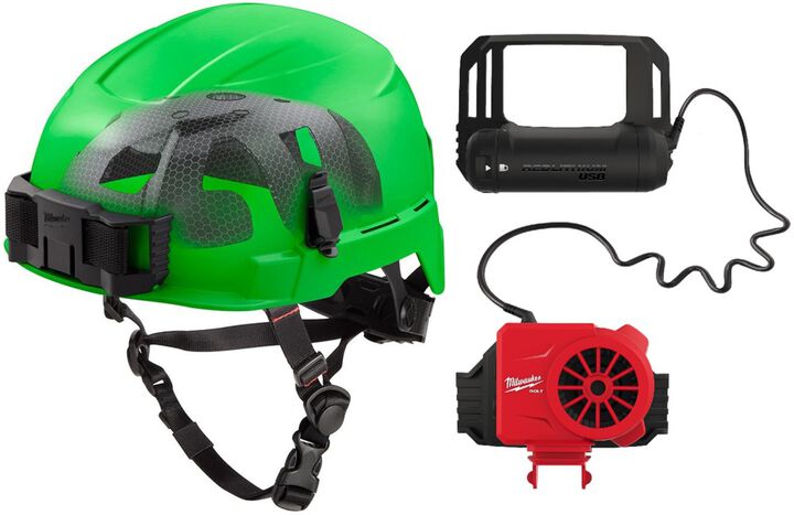 Milwaukee BOLT Green Safety Helmet with IMPACT ARMOR Liner Type 2 Class E & USB Cooling Fan Bundle