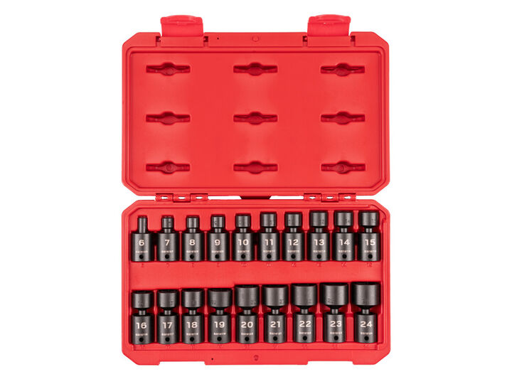 Tekton 3/8 Inch dr Universal Joint Impact Socket Set, Case, 19 Pieces 6-24 mm