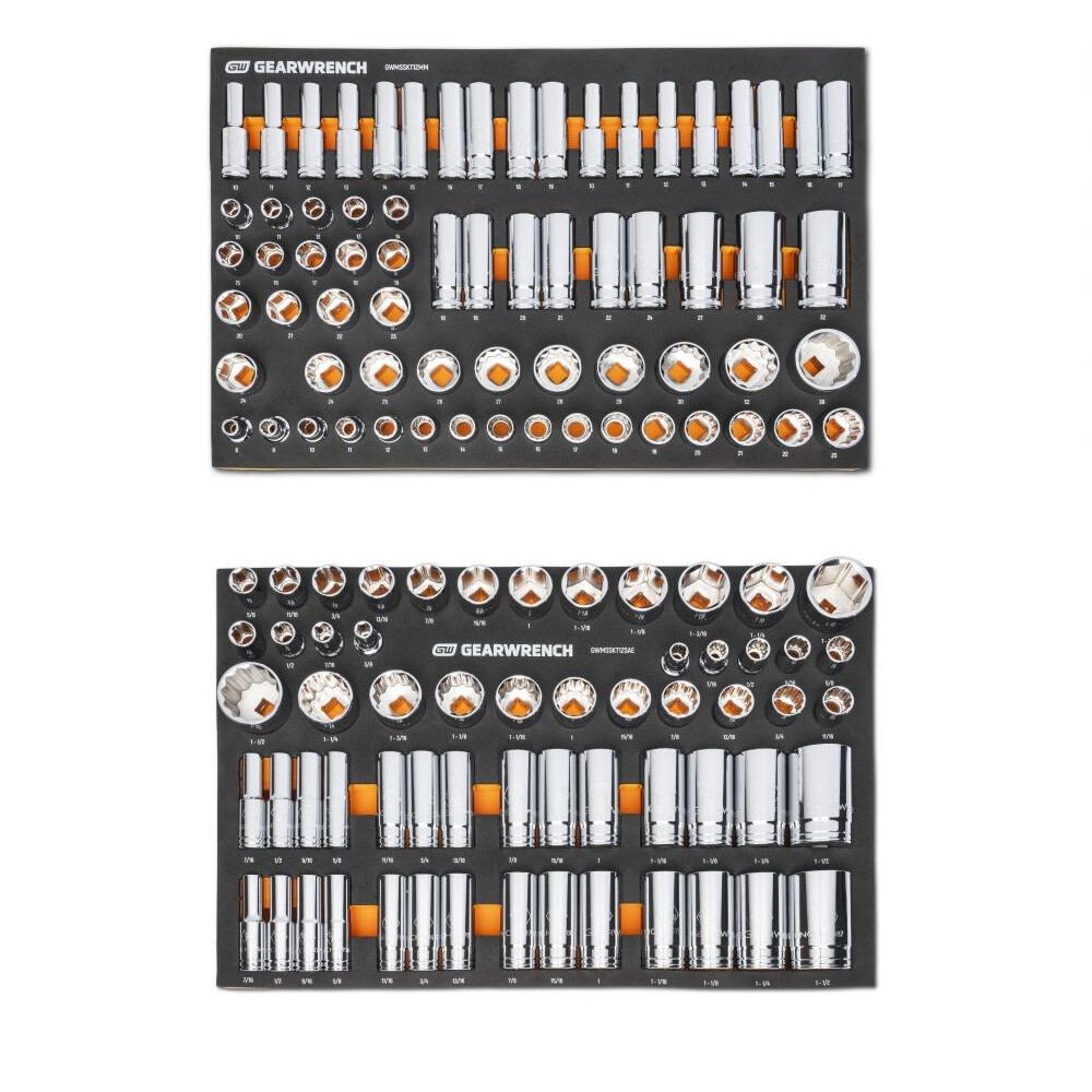 GEARWRENCH 67 Piece 1/2 Inch Metric and 60 Piece 1/2 Inch SAE Socket Set Bundle with Tray, large image number 1