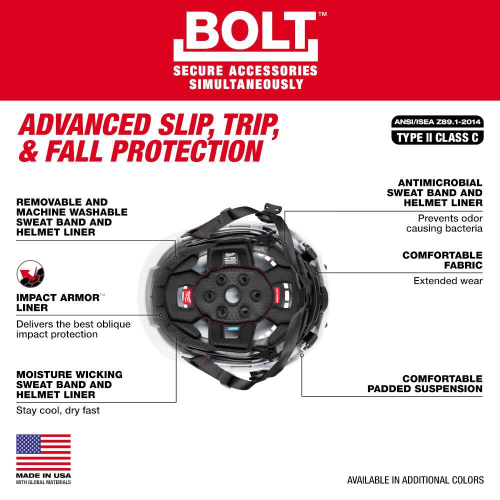 Milwaukee BOLT Black Vented Safety Helmet with IMPACT ARMOR Liner Type 2 Class C & USB Cooling Fan Bundle, large image number 4