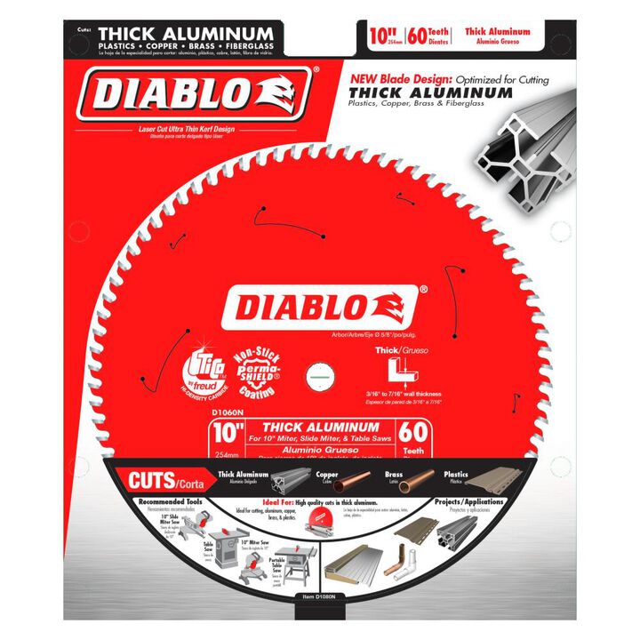 Diablo Tools 10 inch x 60 Tooth TCG Thick Aluminum Cutting Table Saw & Miter Saw Blade with 5/8 inch Arbor, large image number 1