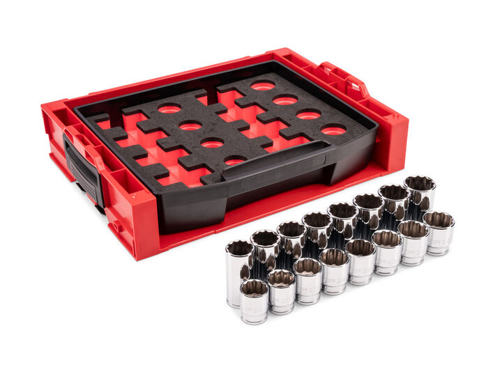 Tekton 1/2 Inch Shallow and Deep 12 Point Sockets, Drawer, 25- 32 mm, 16 Pieces, large image number 1