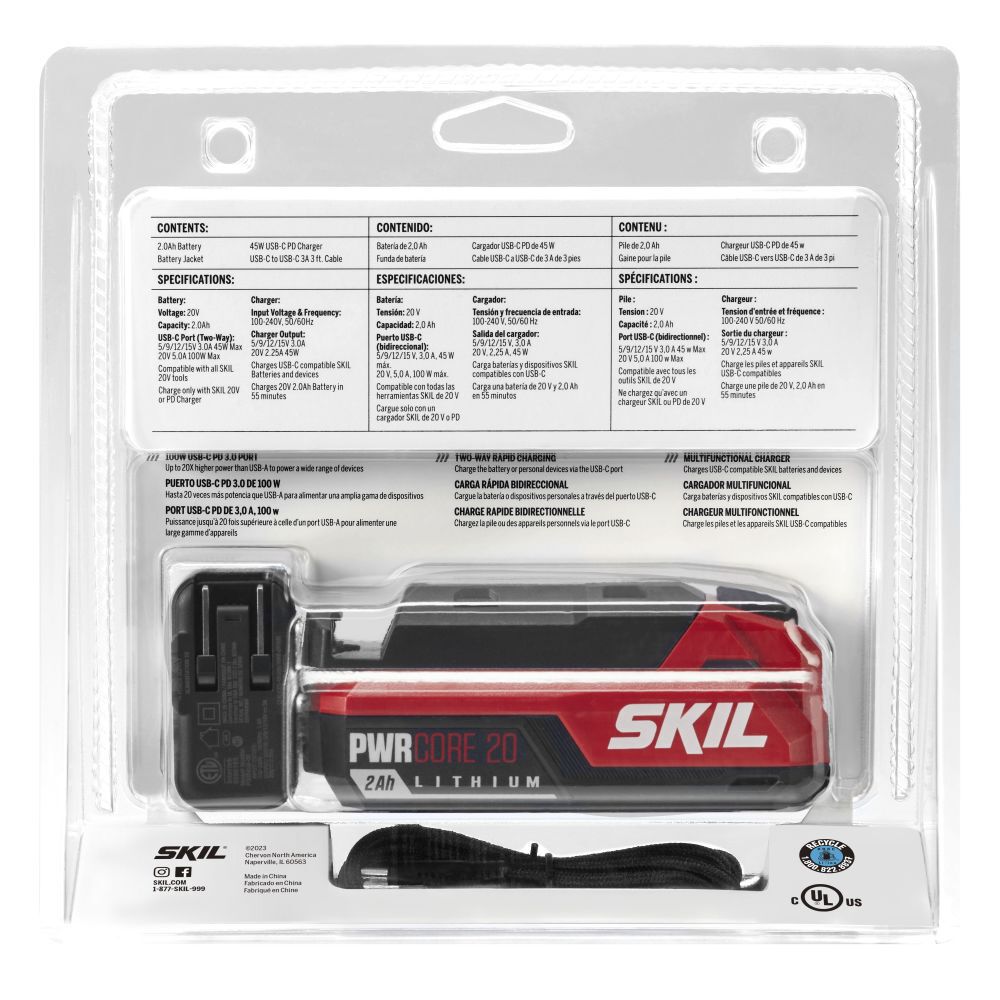 SKIL PWR CORE 20 2 Ah 20V USB-C Battery and Charger Starter Kit, large image number 3