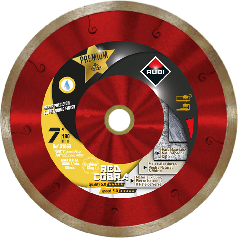 Rubi Tools Red Cobra 7 Inch Premium Continuous Rim Diamond Blade for Hard Materials, large image number 1