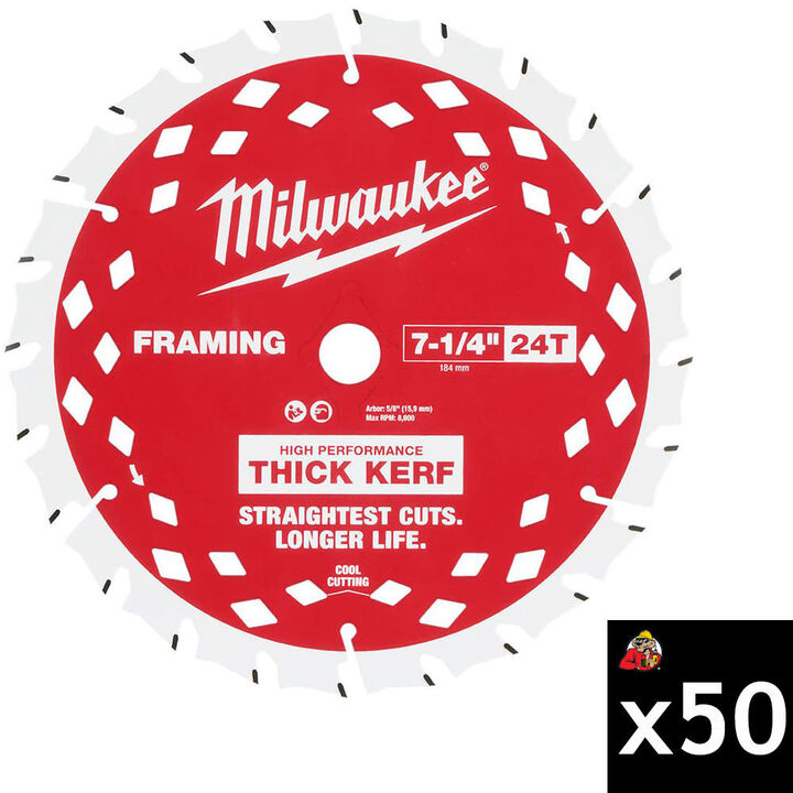 Milwaukee 7-1/4 Inch 24T Thick Kerf Framing Circular Saw Blade Bundle, 50 Pieces