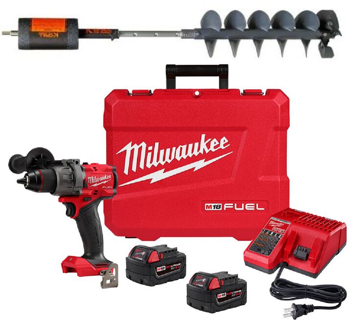 K-Drill 7-1/2 Inch Diameter Ice Auger with Built-In Adjustable Extension Shaft & Milwaukee M18 FUEL 1/2 Inch Drill/Driver Kit