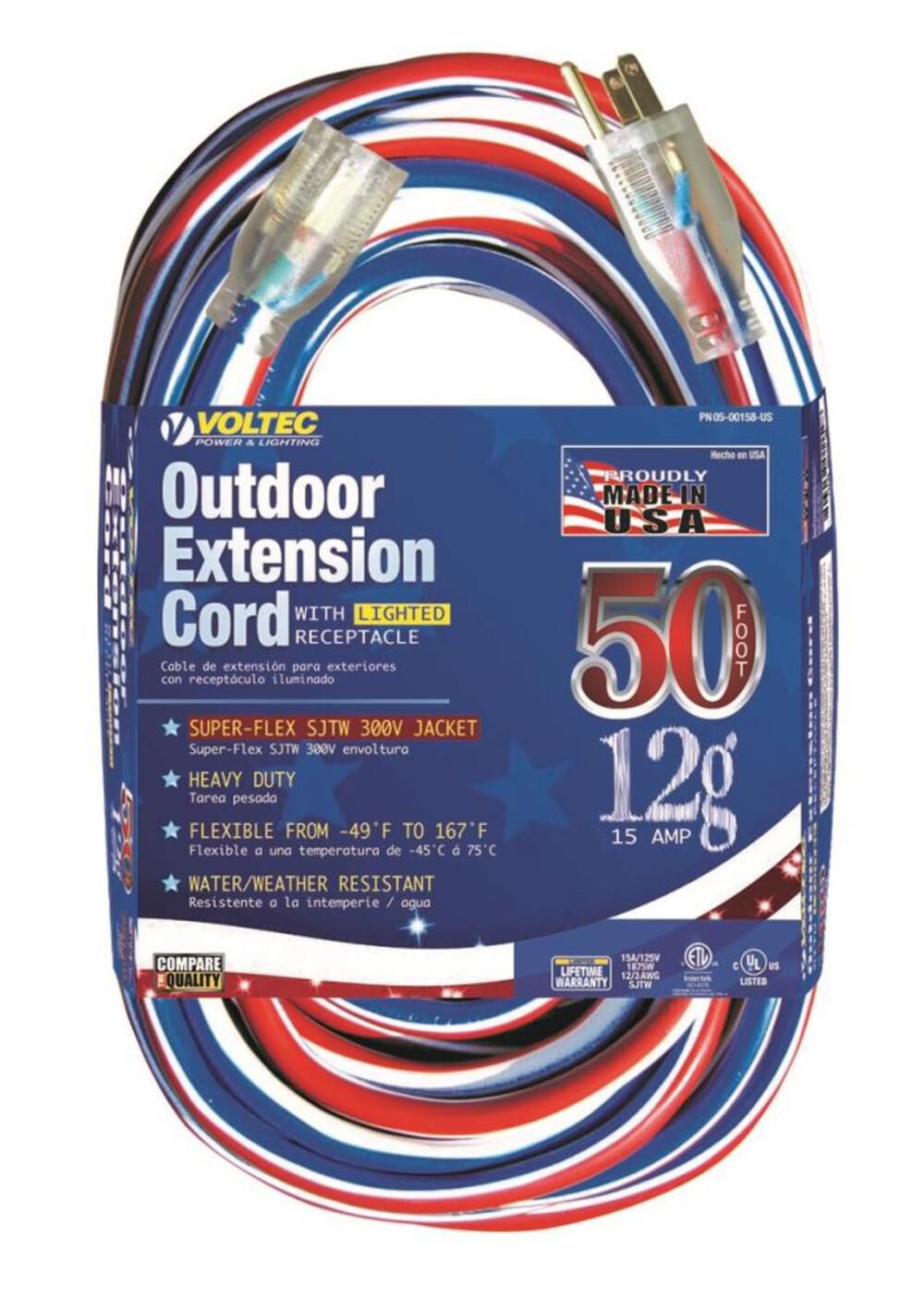 Voltec 50Ft 12/3 SJTW Red/White/Blue Extension Cord with Lighted Ends, large image number 1