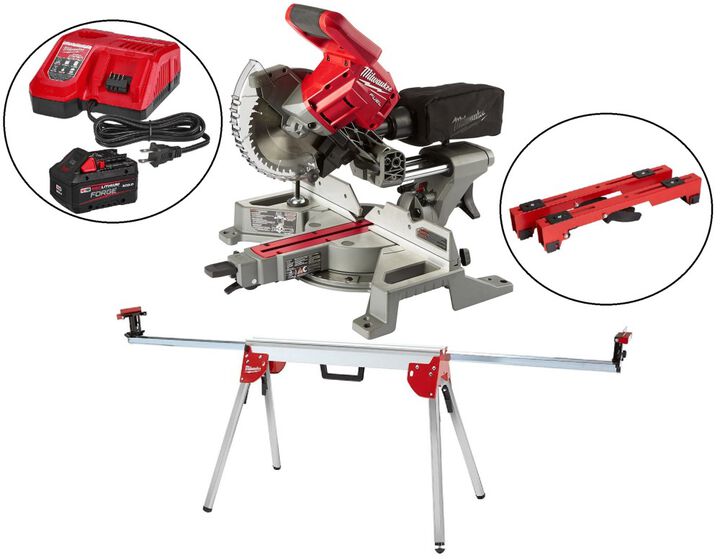 Milwaukee M18 FUEL 7-1/4 Inch Dual Bevel Sliding Compound Miter Saw, Folding Miter Saw Stand, Mounting Brackets, & XC8.0 Starter Kit