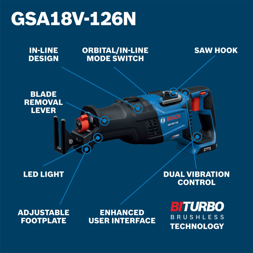 Bosch 18V 1-1/4 Inch Reciprocating Saw (Bare Tool), large image number 2