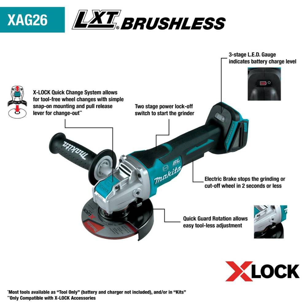 Makita 18V LXT 4 1/2 / 5in X-LOCK Angle Grinder with AFT (Bare Tool), large image number 4