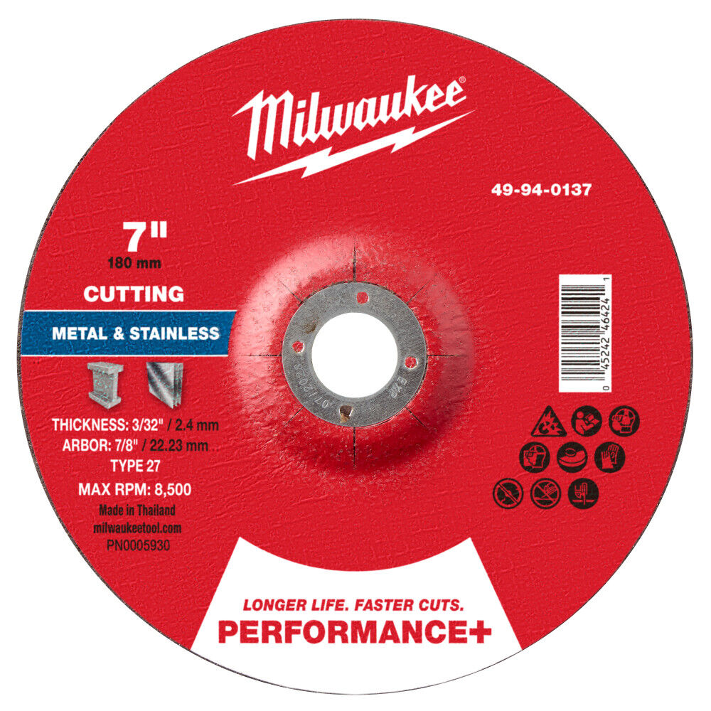 Milwaukee 7 Inch x 3/32 Inch x 7/8 Inch Performance+ Metal Cut Off Wheel Type 27, large image number 1
