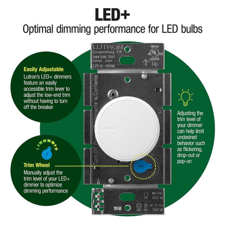 Lutron Dalia LED+ 120V 150W 1P Gloss White Rotary Light Dimmer Switch, large image number 5