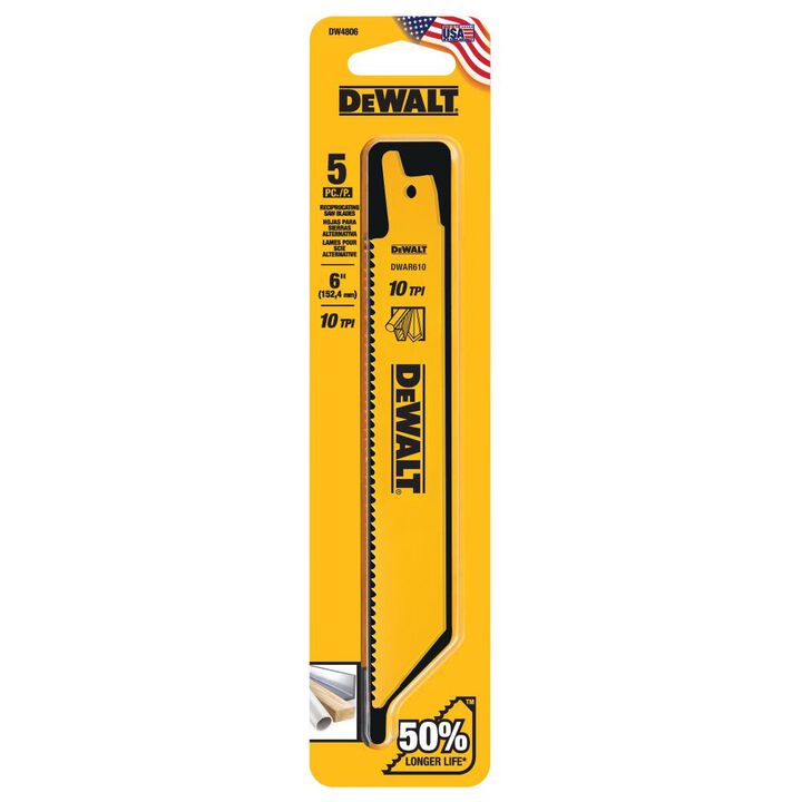 DEWALT 6 Inch 10 TPI Straight Back Bi-Metal Reciprocating Saw Blade General Purpose (5 pack), large image number 1
