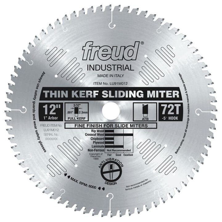 Freud 12 In. x 72T Thin Kerf Sliding Compound Miter Saw Blade