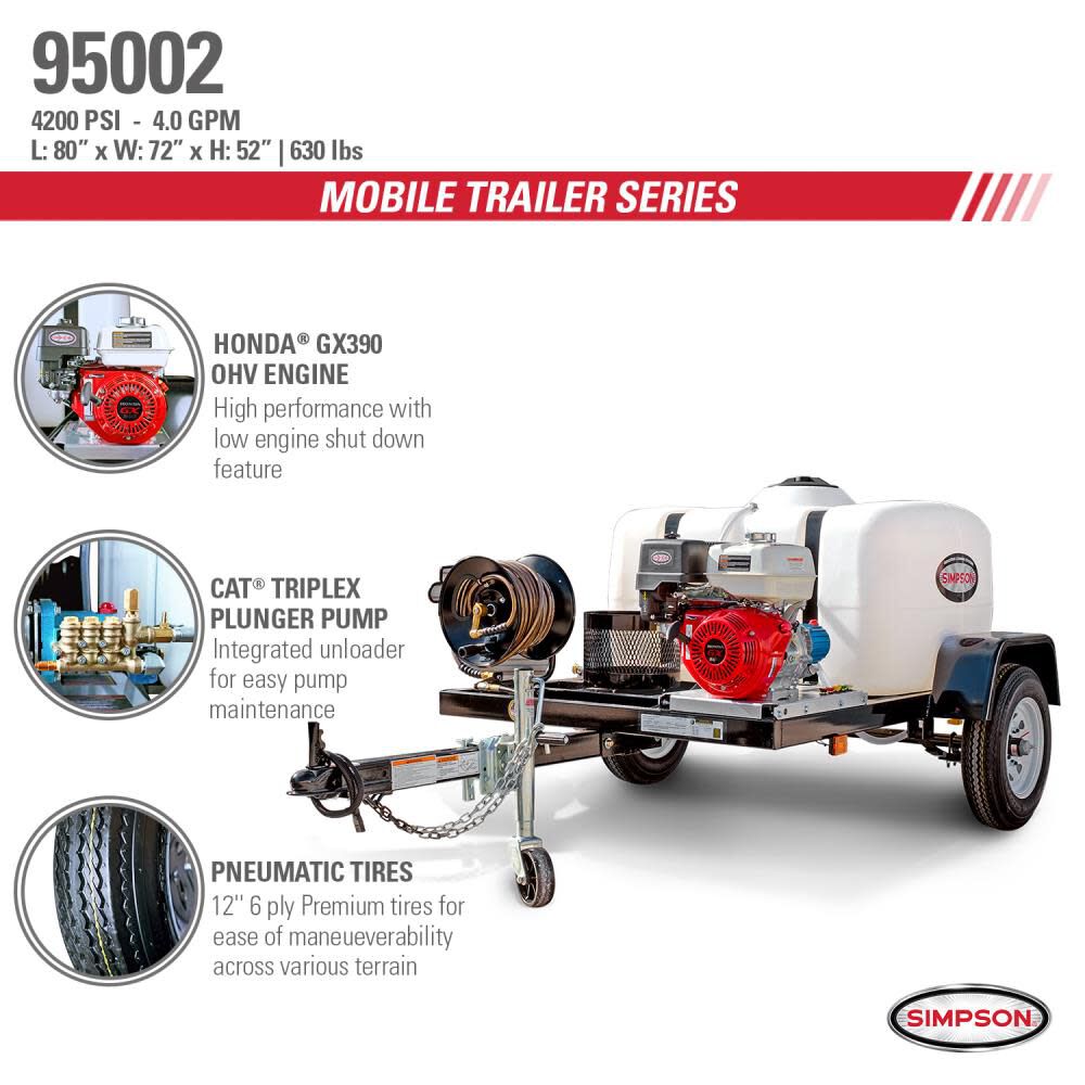 Simpson 4200 PSI 4.0 GPM Gas Powered Cold Water Pressure Washer Trailer with 5 Spray Tips, large image number 4