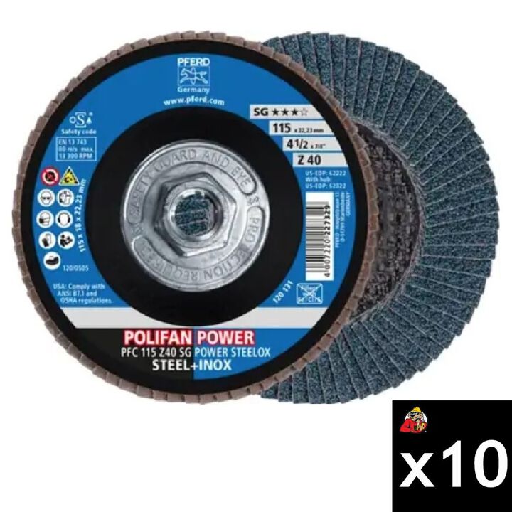 Pferd 4-1/2 Inch x 5/8-11 Inch, Z SG POWER STEELOX, 40 Grit, T29, Threaded Flap Disc Bundle, 10 Pieces