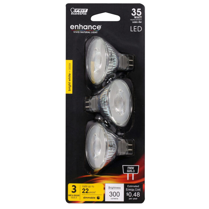 Feit Electric 35W 3000K FMW MR16 GU5.3 Dimmable LED Bulb 3pk, large image number 1
